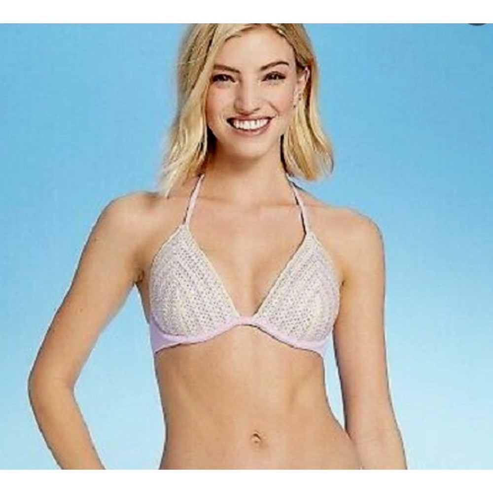 Shade & Shore Crochet Bikini Top Lightly Lined‎ Halter Lavender 38D Underwire
